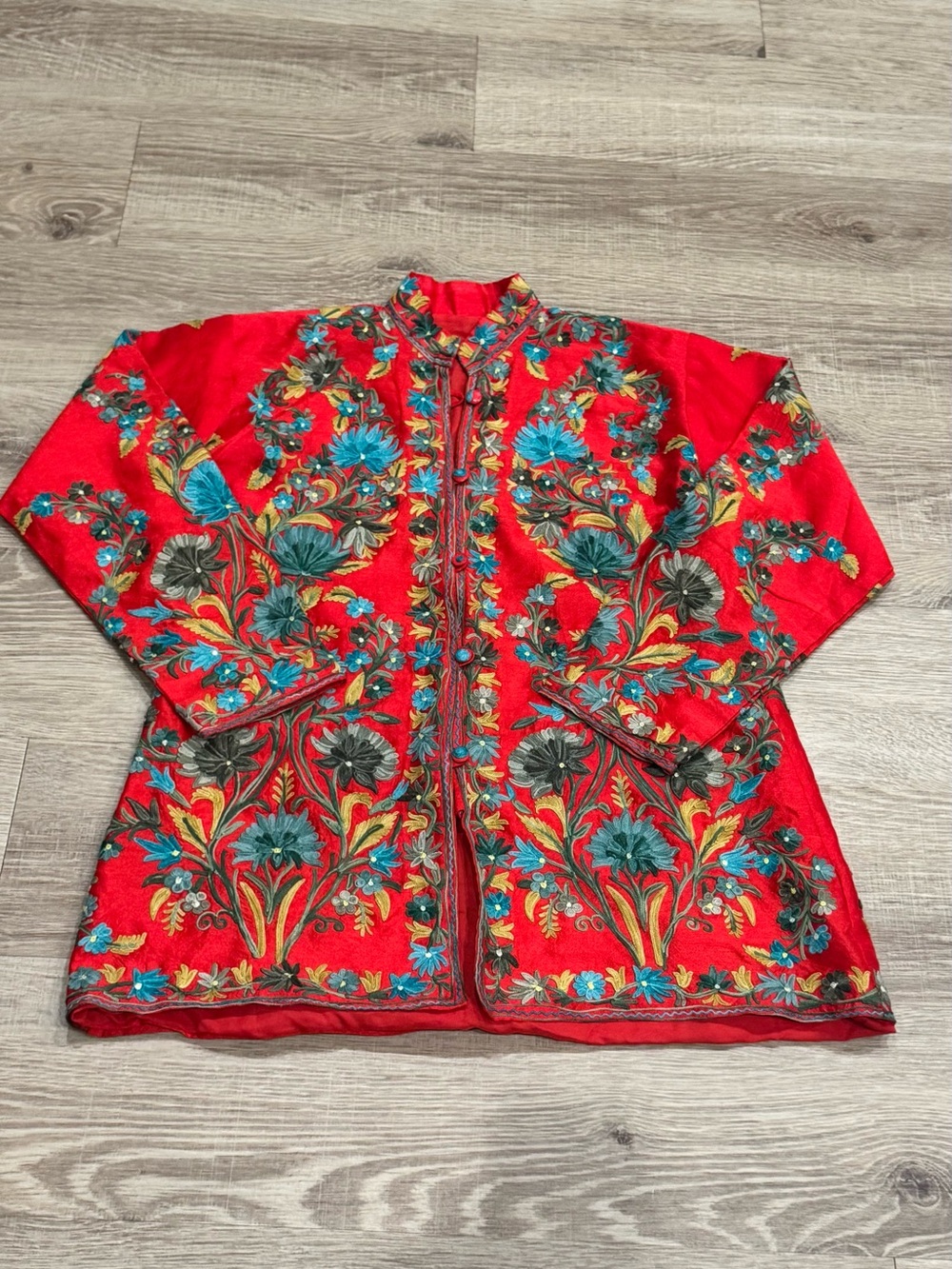 Vintage Kashmiri Aari Embroidered Silk Jacket Red Floral Boho